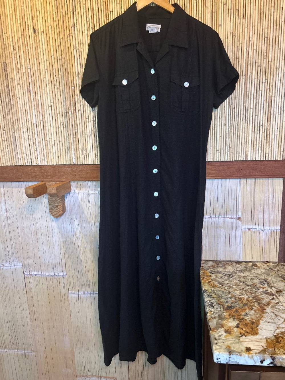 St. John’s Bay Linen Blend Maxi Shirt Dress 16T Black Coastal Grandma Comfy Tall